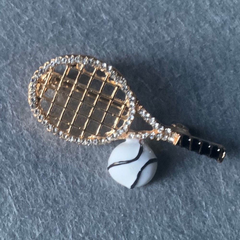 Gold Tone Tennis Racket Brooch Rhinestone Enamel Ball Sports Pin Accessory